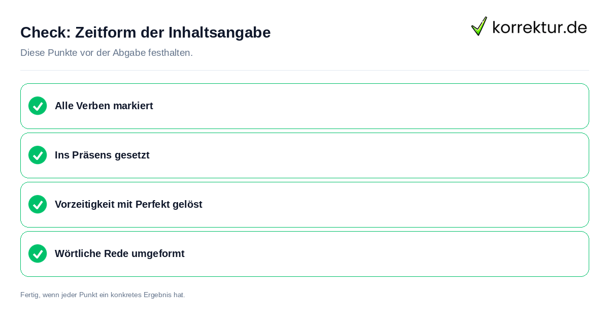 Zeitform der Inhaltsangabe: Prüfliste mit vier Punkten