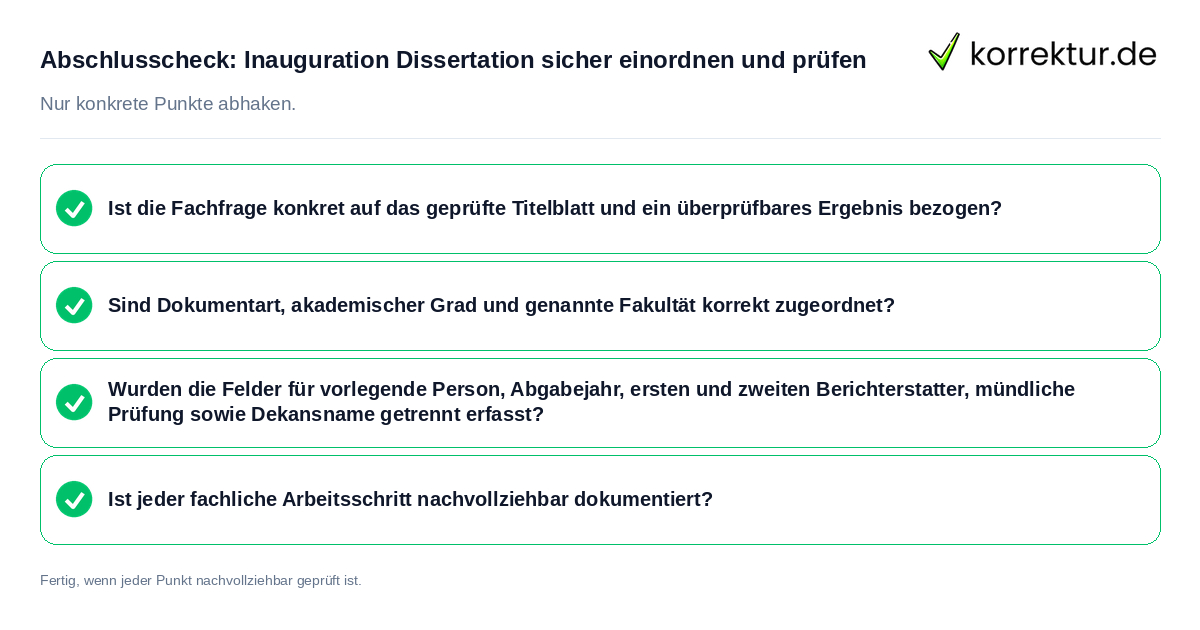 Konkreter Abschlusscheck zu Inauguration Dissertation sicher einordnen und prüfen