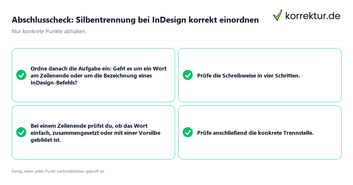 Konkreter Abschlusscheck zu Silbentrennung bei InDesign korrekt einordnen