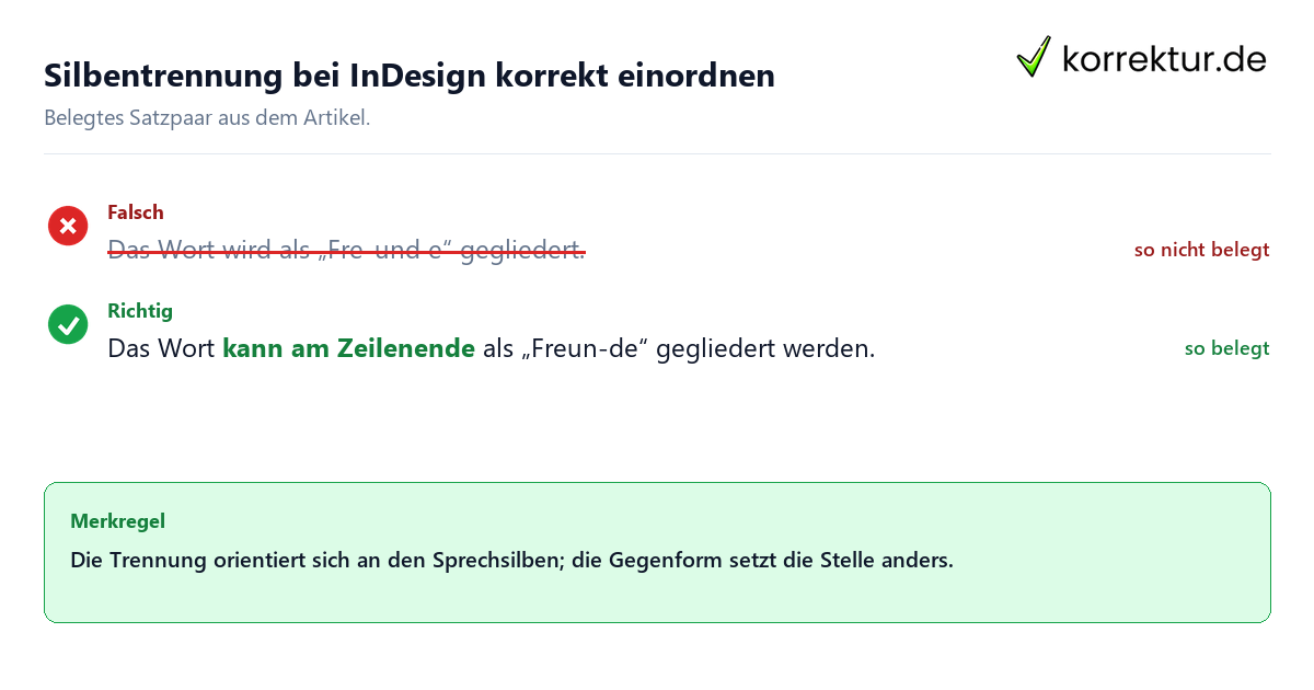 Falsches und richtiges Satzbeispiel zu Silbentrennung bei InDesign korrekt einordnen