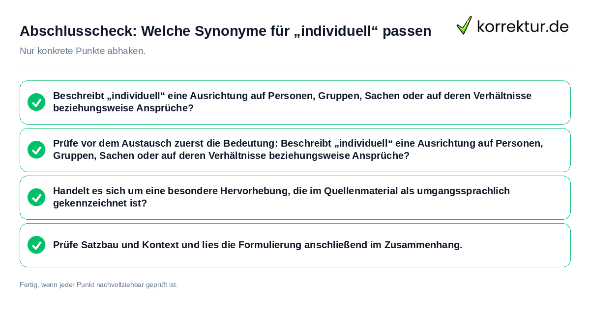 Abschlusscheck: Welche Synonyme für „individuell“ passen Konkreter Abschlusscheck zu Welche Synonyme für „individuell“ passen