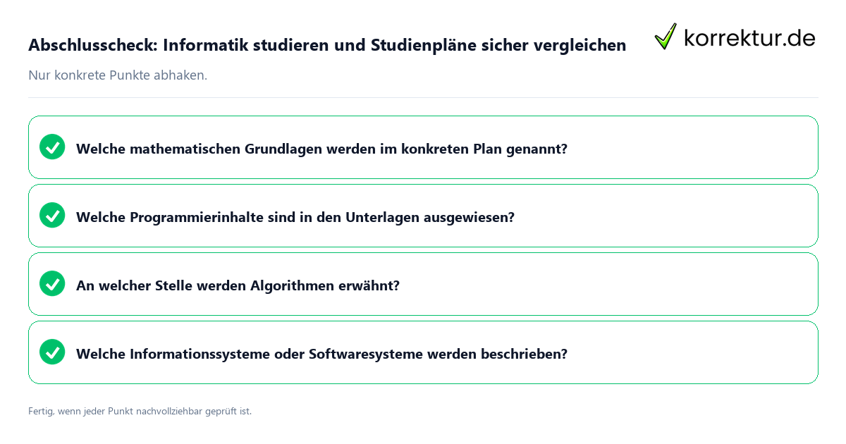 Konkreter Abschlusscheck zu Informatik studieren und Studienpläne sicher vergleichen