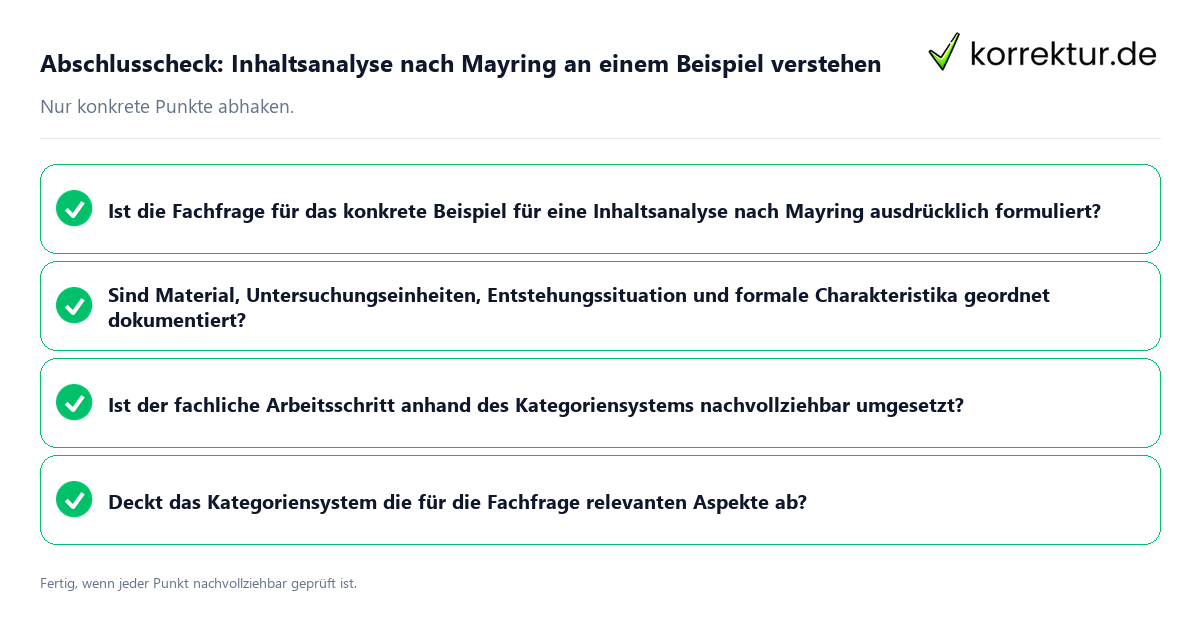 Abschlusscheck: Inhaltsanalyse nach Mayring an einem Beispiel verstehen Konkreter Abschlusscheck zu Inhaltsanalyse nach Mayring an einem Beispiel verstehen
