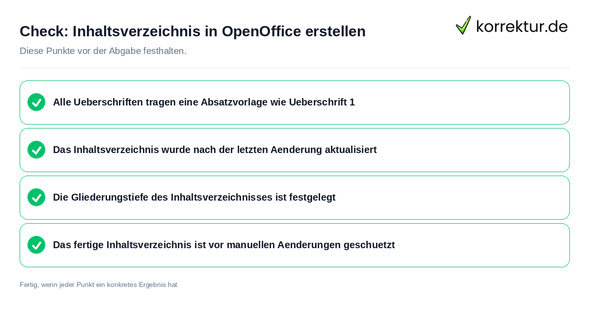 Inhaltsverzeichnis in OpenOffice erstellen: Prüfliste mit vier Punkten