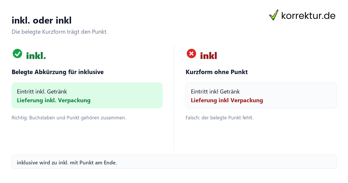 inkl. oder inkl Inklusive Abkürzung richtig: inkl. mit Punkt statt inkl ohne Punkt