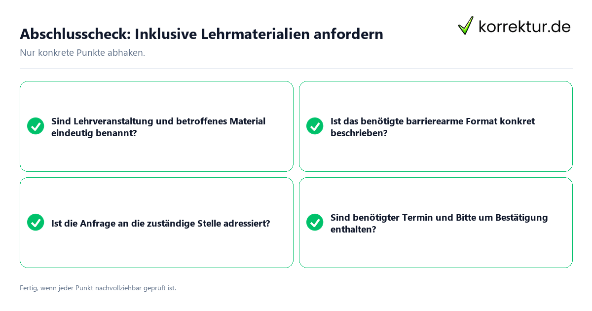 Abschlusscheck: Inklusive Lehrmaterialien anfordern Konkreter Abschlusscheck zu Inklusive Lehrmaterialien anfordern