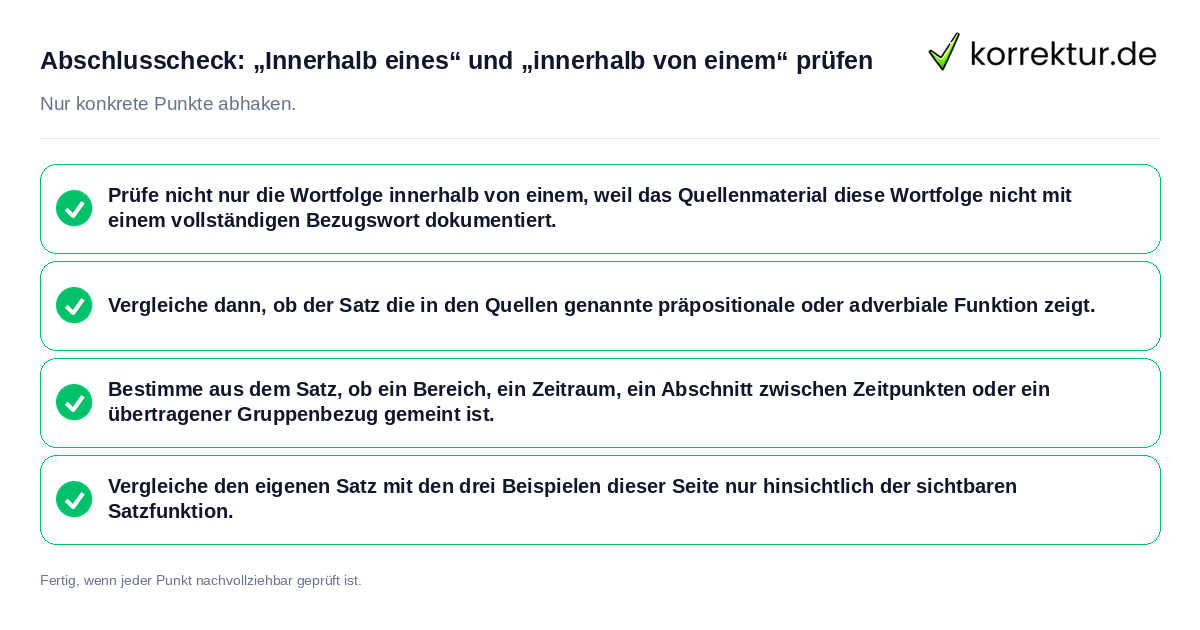 Konkreter Abschlusscheck zu „Innerhalb eines“ und „innerhalb von einem“ prüfen