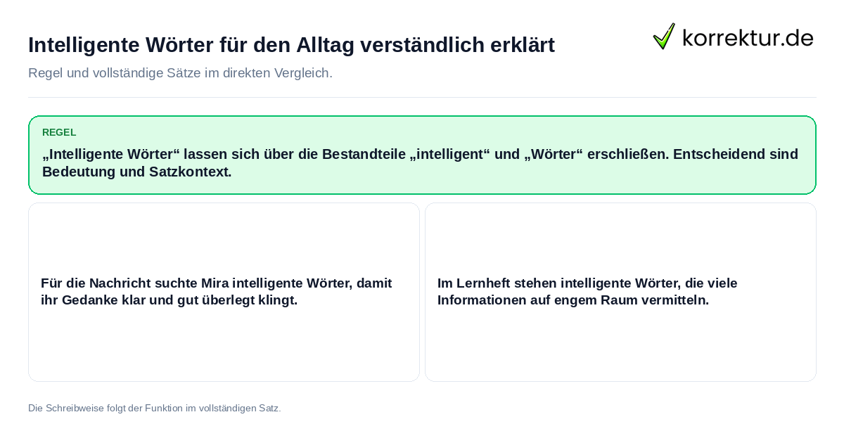 Konkrete Regel und vollständige Beispielsätze zu Intelligente Wörter für den Alltag verständlich