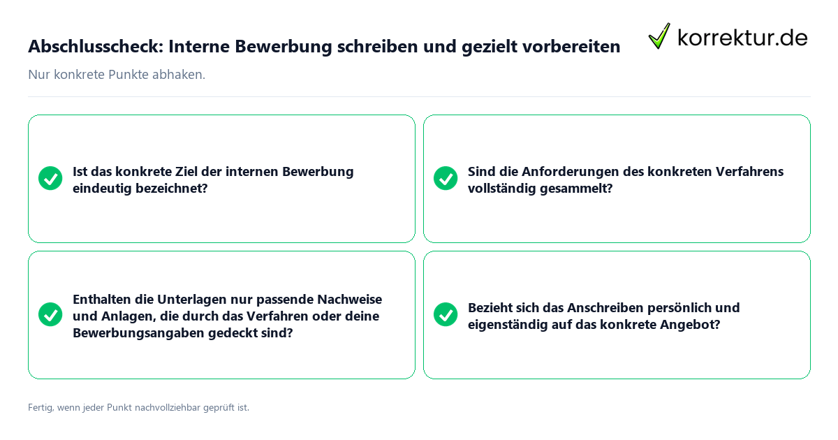 Abschlusscheck: Interne Bewerbung schreiben und gezielt vorbereiten Konkreter Abschlusscheck zu Interne Bewerbung schreiben und gezielt vorbereiten