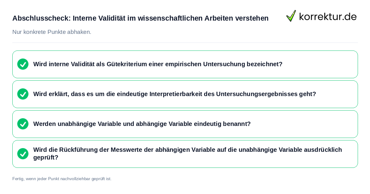Abschlusscheck: Interne Validität im wissenschaftlichen Arbeiten verstehen Konkreter Abschlusscheck zu Interne Validität im wissenschaftlichen Arbeiten verstehen