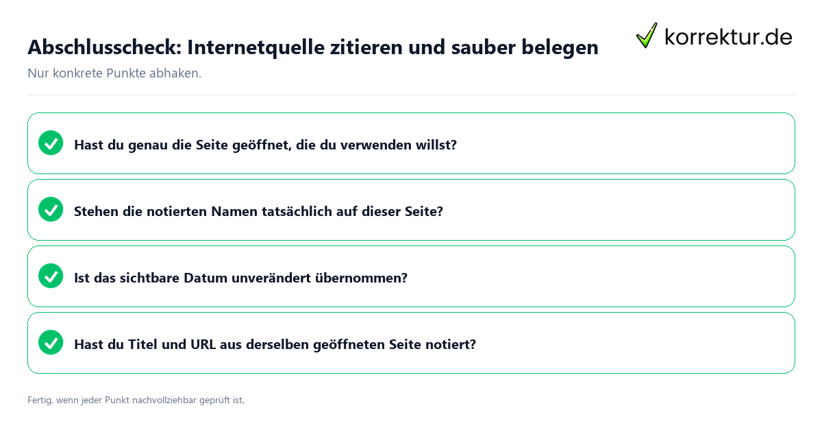 Konkreter Abschlusscheck zu Internetquelle zitieren und sauber belegen