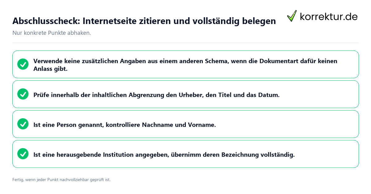 Konkreter Abschlusscheck zu Internetseite zitieren und vollständig belegen