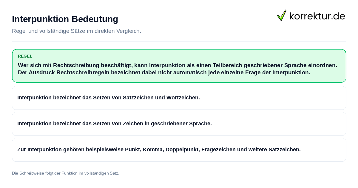 Konkrete Regel und vollständige Beispielsätze zu Interpunktion Bedeutung