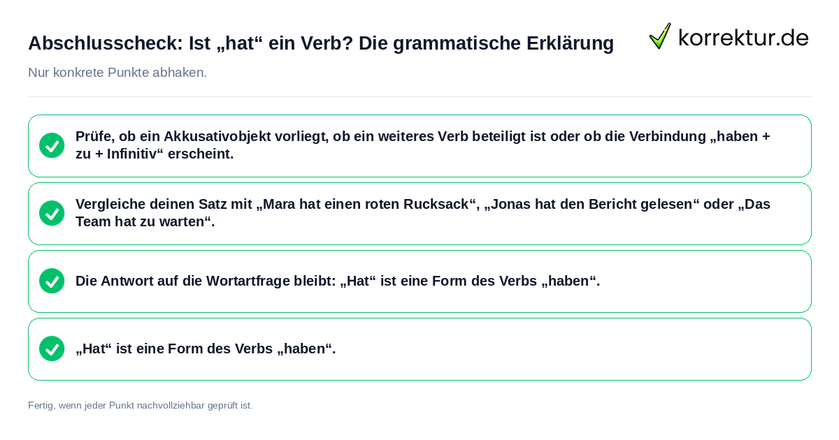 Konkreter Abschlusscheck zu Ist „hat“ ein Verb? Die grammatische Erklärung