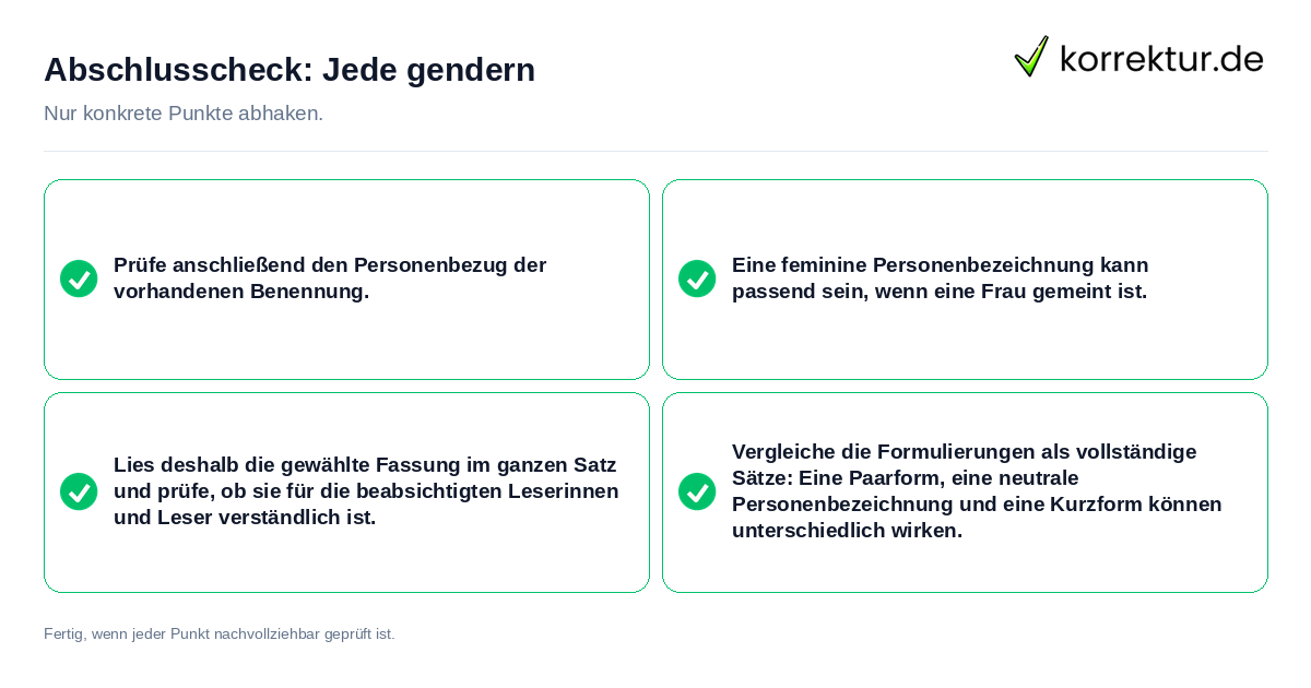 Konkreter Abschlusscheck zu Jede gendern