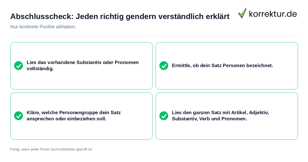 Konkreter Abschlusscheck zu Jeden richtig gendern verständlich erklärt