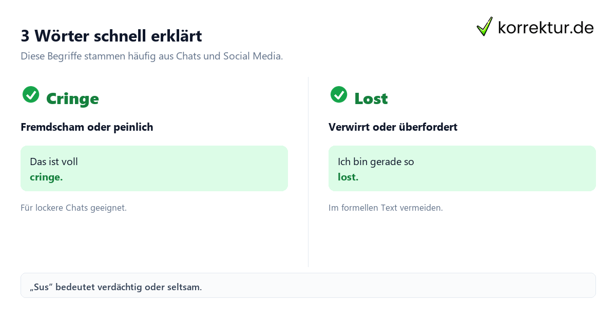 Jugendsprache Wörter Liste mit Beispielen für Cringe, Lost und Sus