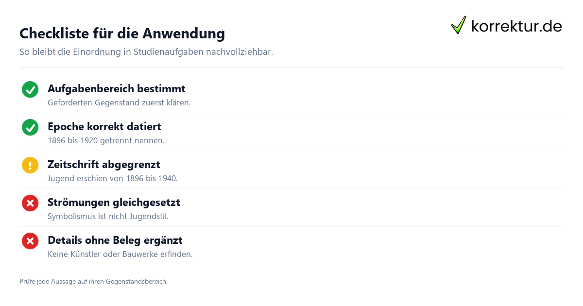 Jugendstil verständlich einordnen und anwenden, Checkliste für Studienaufgaben