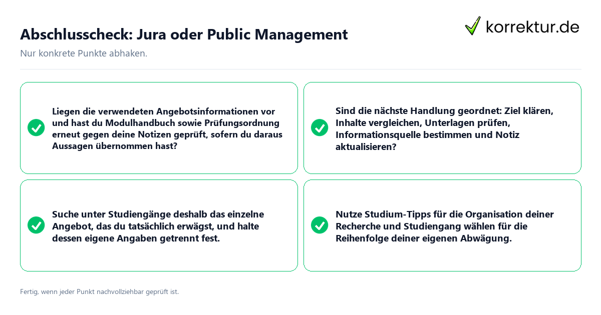 Konkreter Abschlusscheck zu Jura oder Public Management