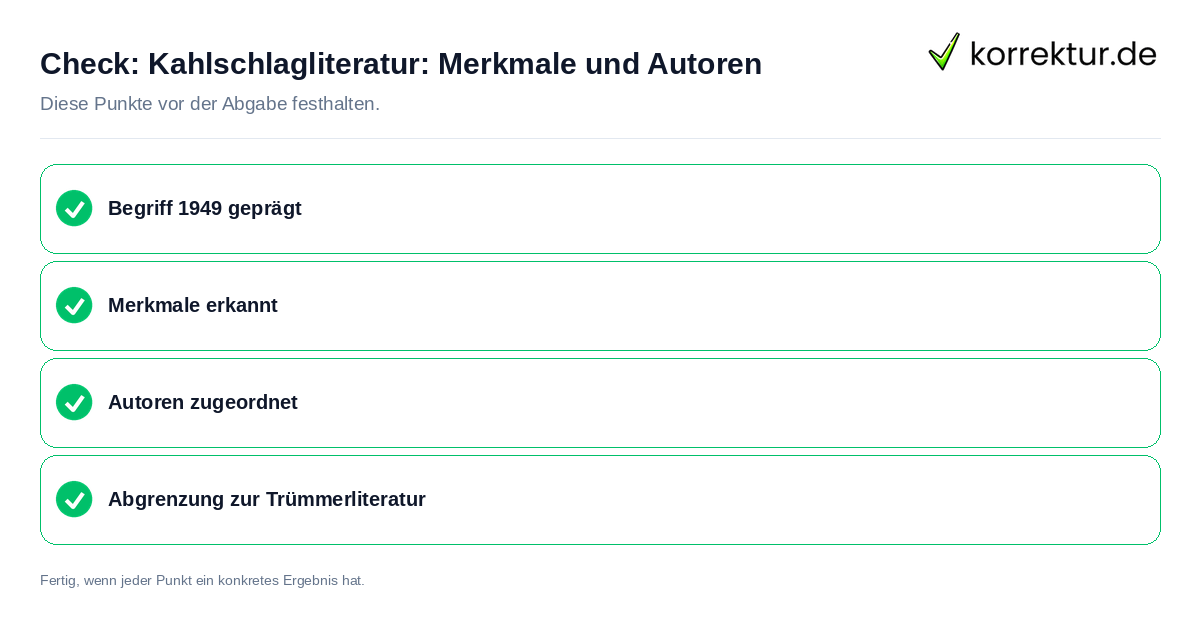 Kahlschlagliteratur: Merkmale und Autoren: Prüfliste mit vier Punkten