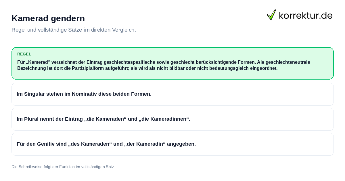 Kamerad gendern Konkrete Regel und vollständige Beispielsätze zu Kamerad gendern