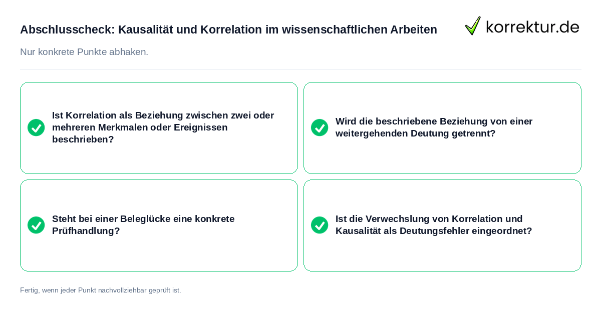 Konkreter Abschlusscheck zu Kausalität und Korrelation im wissenschaftlichen Arbeiten