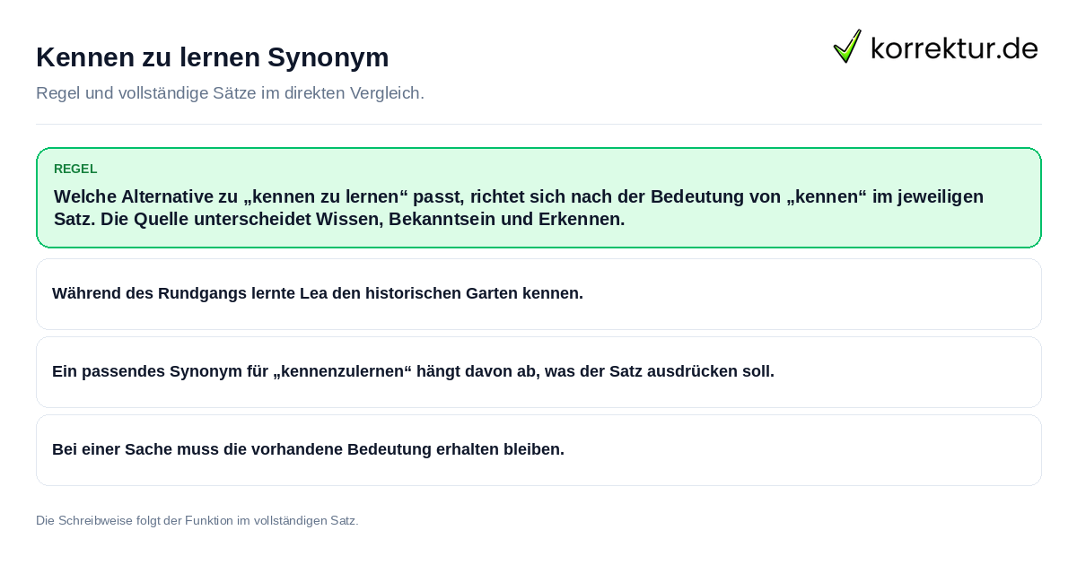 Kennen zu lernen Synonym Konkrete Regel und vollständige Beispielsätze zu Kennen zu lernen Synonym