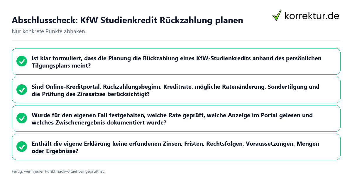 Abschlusscheck: KfW Studienkredit Rückzahlung planen Konkreter Abschlusscheck zu KfW Studienkredit Rückzahlung planen