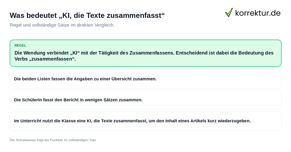Konkrete Regel und vollständige Beispielsätze zu Was bedeutet „KI, die Texte zusammenfasst“