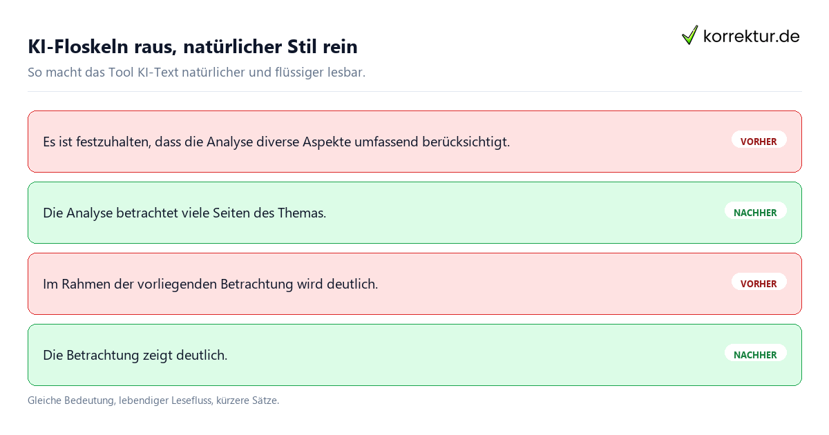 KI-Floskeln raus, natürlicher Stil rein KI-Text natürlicher und flüssiger machen: Vorher-Nachher-Beispiele