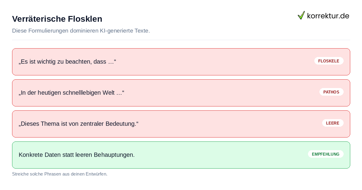 Verräterische Flosklen KI-Texte an Stilmerkmalen erkennen anhand typischer Floskeln und Phrasen