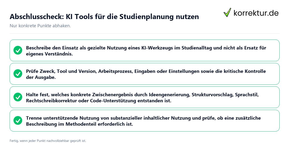 Konkreter Abschlusscheck zu KI Tools für die Studienplanung nutzen