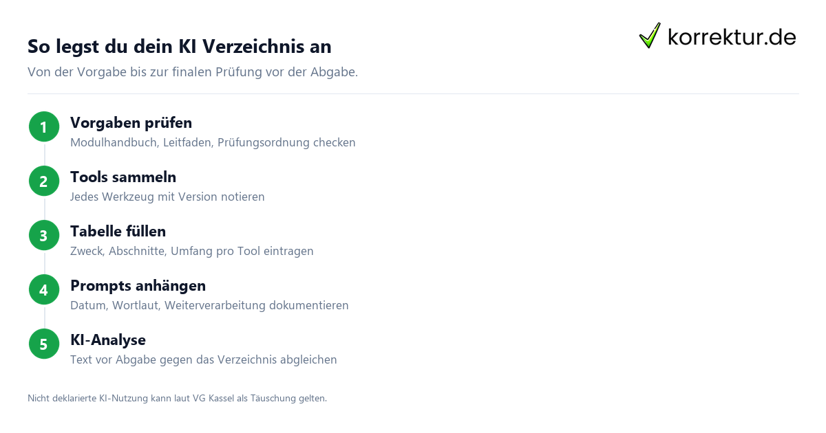 KI Verzeichnis mit Prompt-Dokumentation: Spalten für Datum, Prompt und Verarbeitung