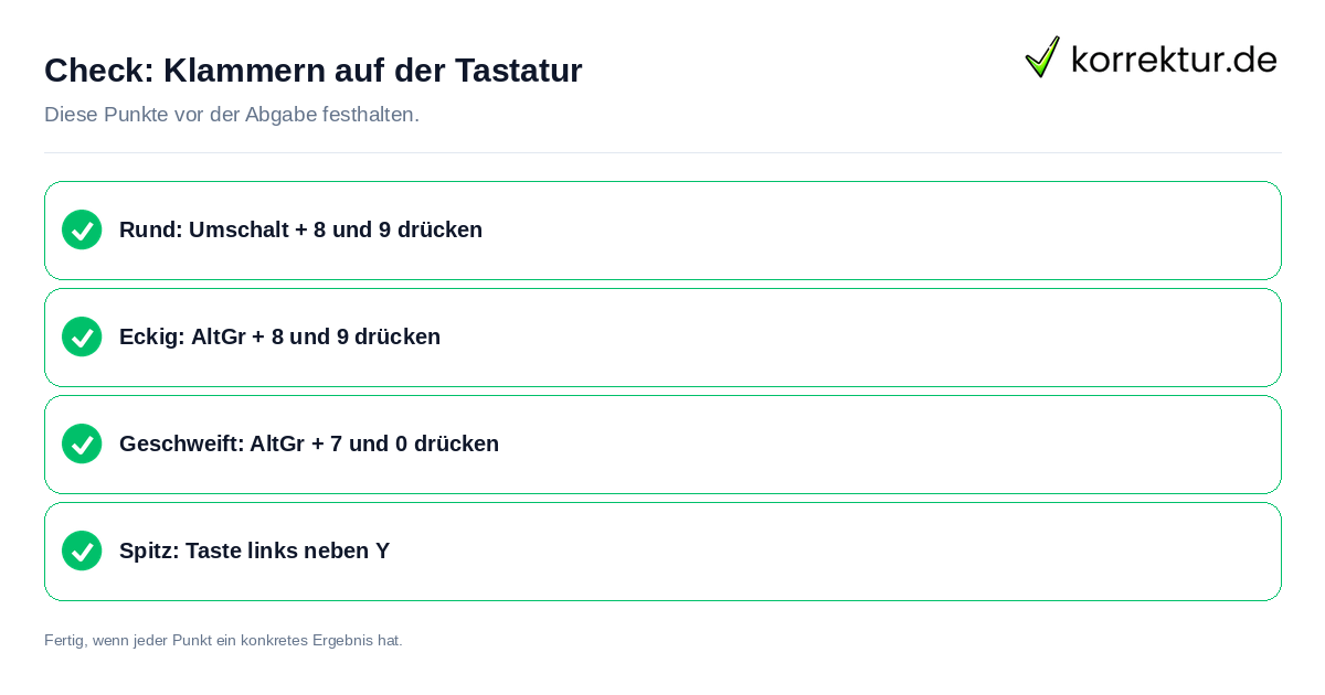 Klammern auf der Tastatur: Prüfliste mit vier Punkten