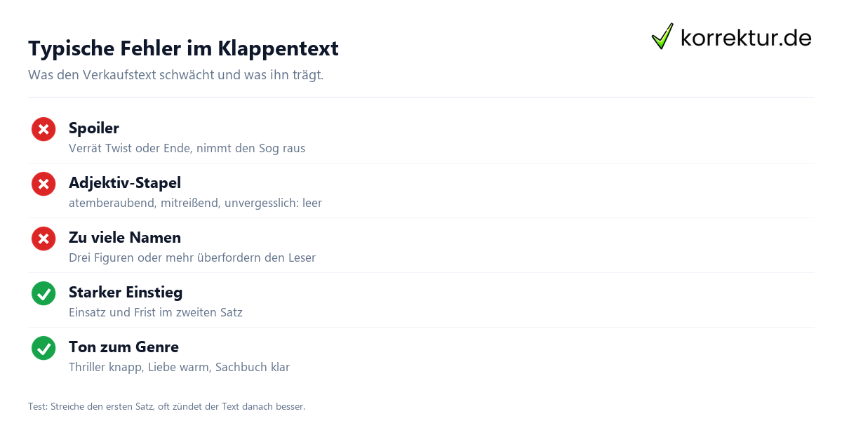 Typische Fehler im Klappentext Klappentext Fehler vermeiden: Spoiler, Adjektiv-Stapel und Namen
