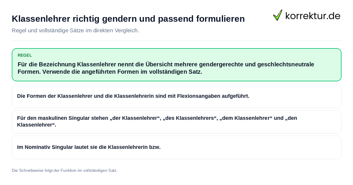Klassenlehrer richtig gendern und passend formulieren Konkrete Regel und vollständige Beispielsätze zu Klassenlehrer richtig gendern und passend