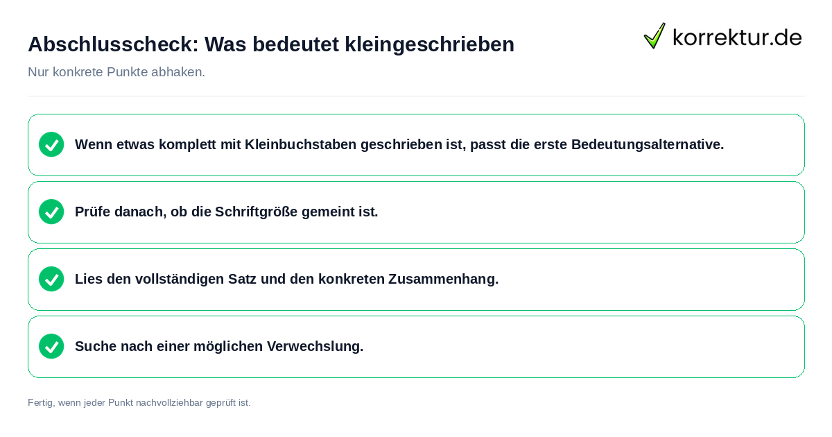 Konkreter Abschlusscheck zu Was bedeutet kleingeschrieben