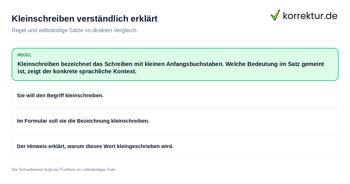 Konkrete Regel und vollständige Beispielsätze zu Kleinschreiben verständlich erklärt