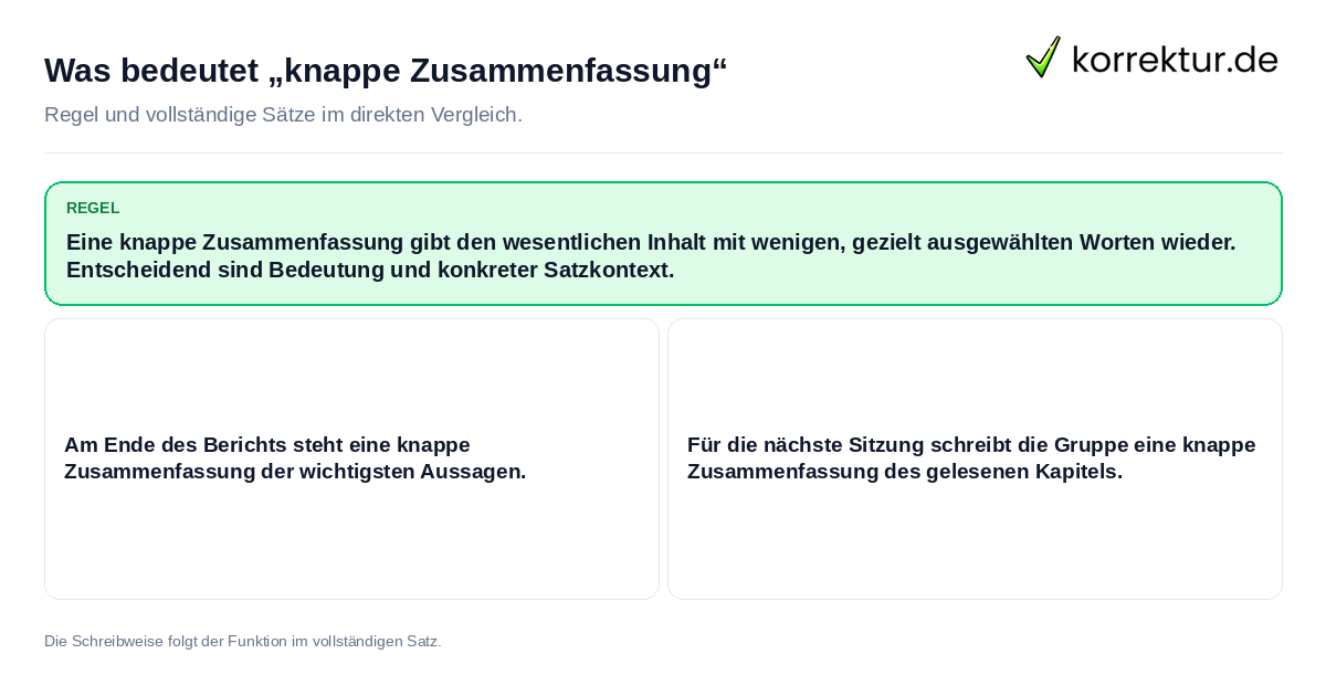 Was bedeutet „knappe Zusammenfassung“ Konkrete Regel und vollständige Beispielsätze zu Was bedeutet „knappe Zusammenfassung“
