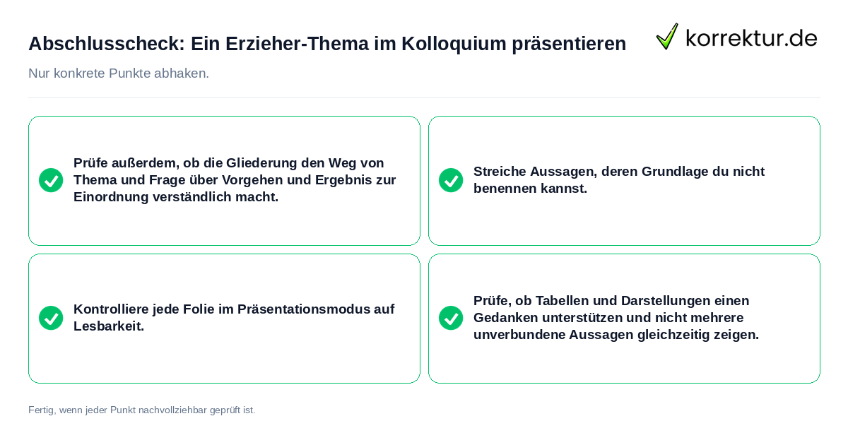 Abschlusscheck: Ein Erzieher-Thema im Kolloquium präsentieren Konkreter Abschlusscheck zu Ein Erzieher-Thema im Kolloquium präsentieren