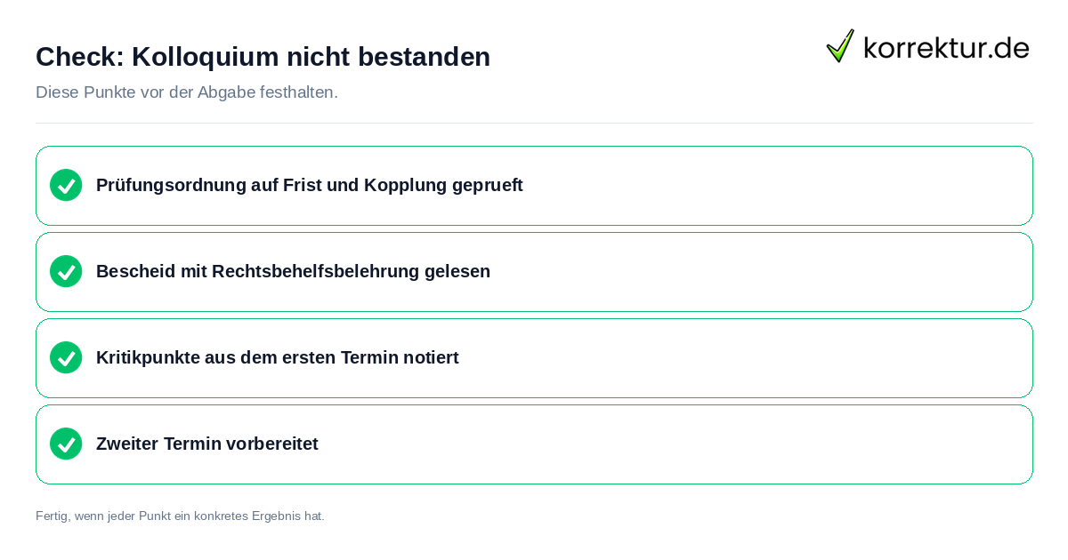 Check: Kolloquium nicht bestanden Kolloquium nicht bestanden: Prüfliste mit vier Punkten