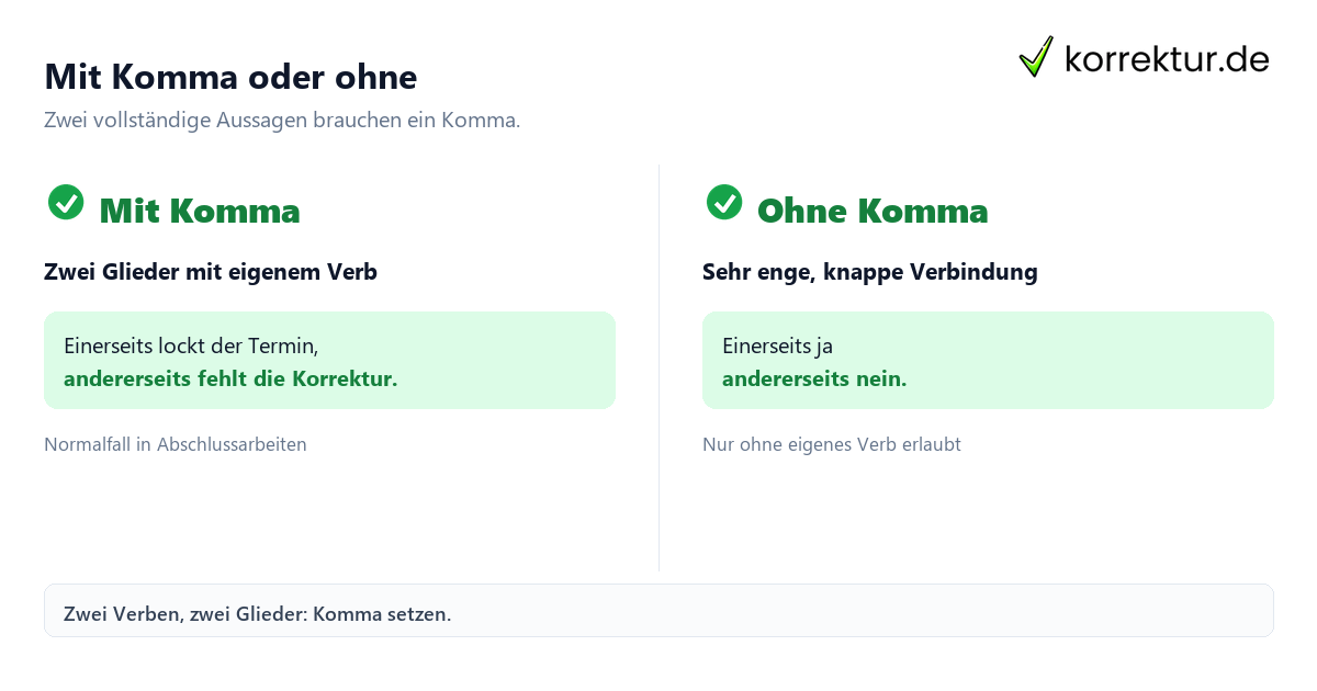 Mit Komma oder ohne Komma bei einerseits andererseits: Beispiel mit und ohne Komma