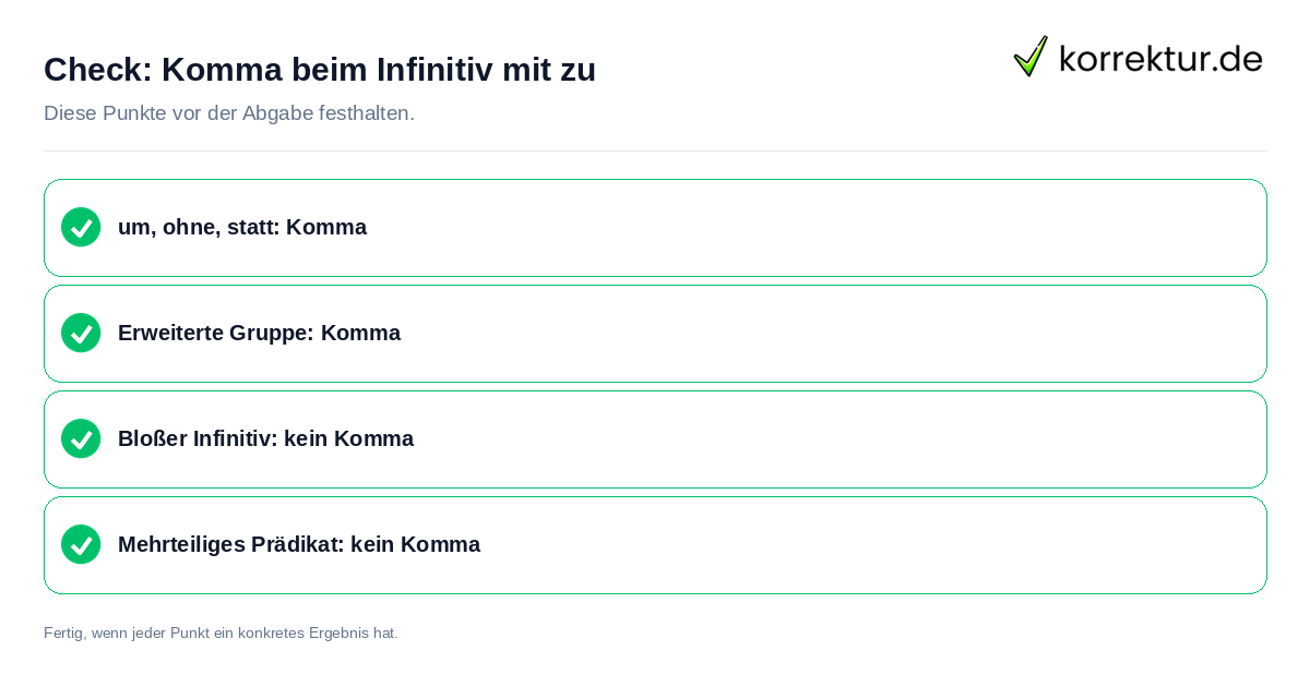 Komma beim Infinitiv mit zu: Prüfliste mit vier Punkten