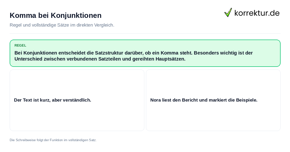 Konkrete Regel und vollständige Beispielsätze zu Komma bei Konjunktionen