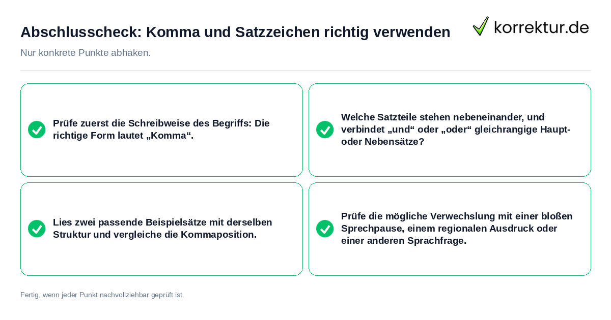 Konkreter Abschlusscheck zu Komma und Satzzeichen richtig verwenden