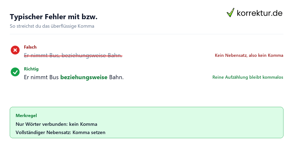 Komma vor beziehungsweise: typischer Fehler und Korrektur