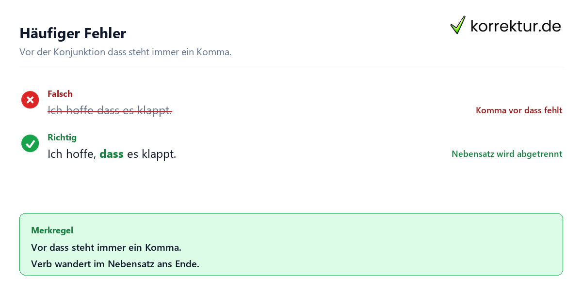 Häufiger Fehler Komma vor dass Beispiel: fehlendes Komma im Nebensatz
