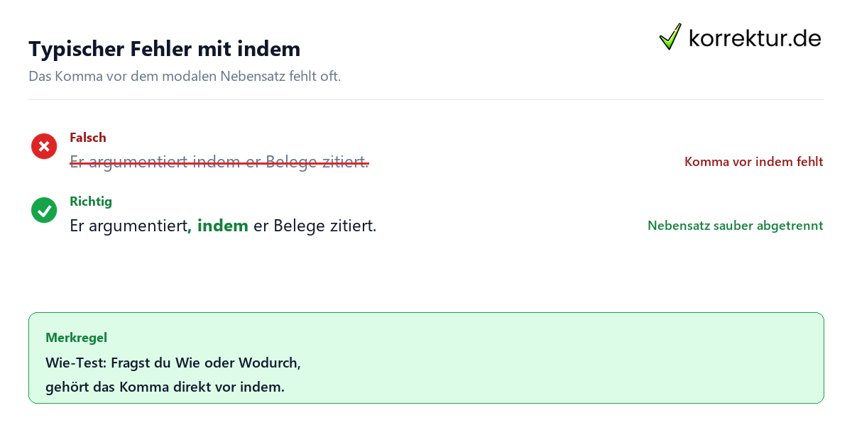Typischer Fehler mit indem Komma vor indem: Rotstift-Korrektur eines typischen Fehlers