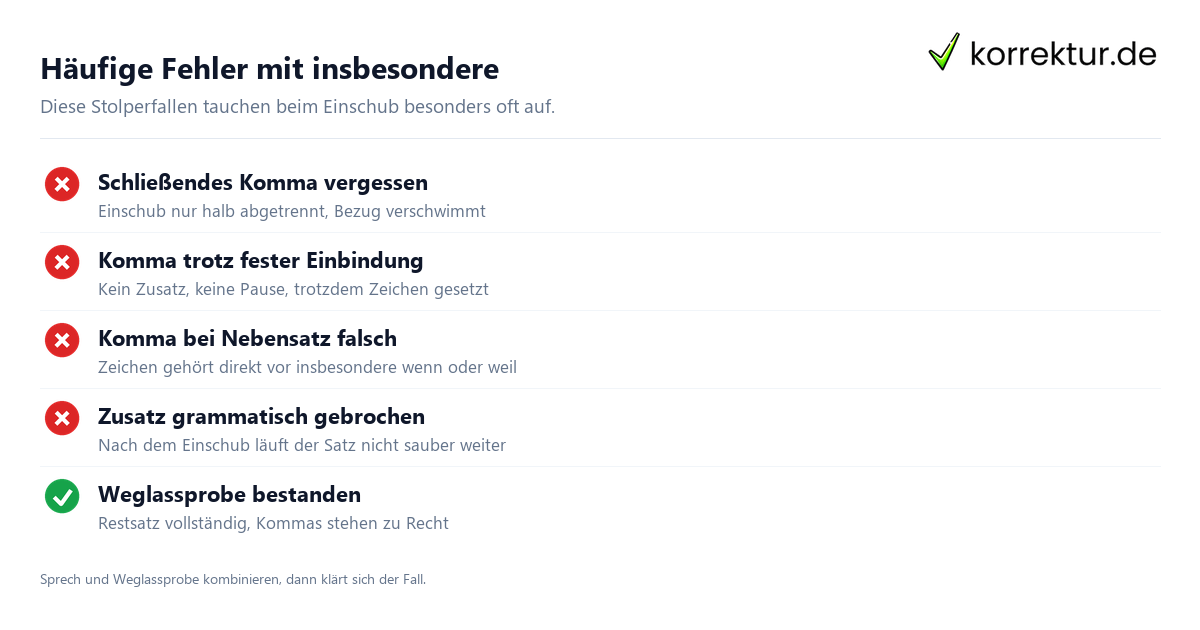 Checkliste Komma vor insbesondere: typische Fehler beim Einschub erkennen