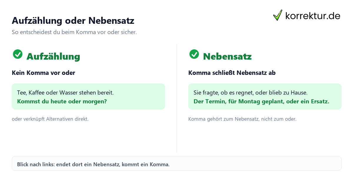 Aufzählung oder Nebensatz Komma vor oder richtig setzen: Aufzählung ohne Komma, Nebensatz mit Komma
